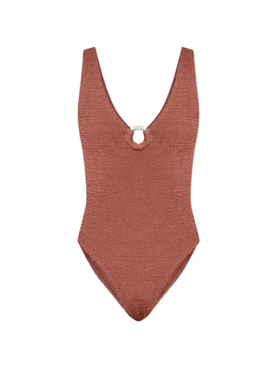 Bondeye Crinkle-texture Ring-detail Swimsuit In Brown