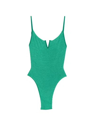 Bondeye Crinkle-texture V-neck Swimsuit In Green