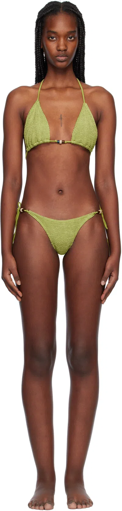 Bondeye Green Beaded Ingrid Triangle & Beaded Tie Side Vista Bikini In Herbal Shimmer