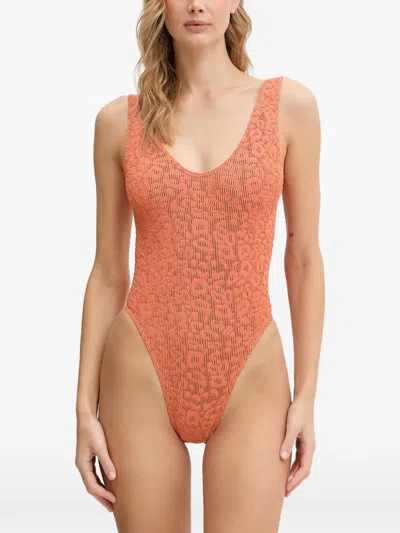 Bondeye Leopard-pattern Crinkle-effect Swimsuit In Orange