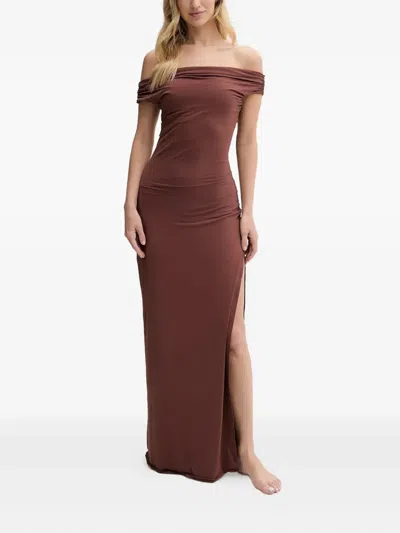 Bondeye Off-shoulder Side-split Maxi Dress In Brown