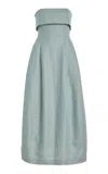 Bondi Born Atami Strapless Linen-twill Maxi Dress In Blue