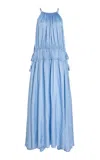 Bondi Born Como Tie Gathered Twill-satin Maxi Dress In Blue