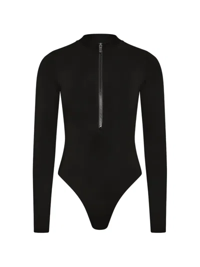 Bondi Born Parker Long-sleeve Zip-front Swimsuit In Black