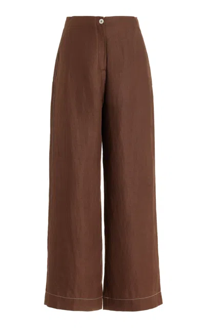 Bondi Born Varenna Mid-rise Organic Linen Wide-leg Pants In Brown