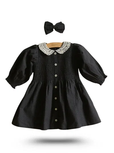 Bonjour Charming Cotton Dress With Hair Clip For Girls In Black