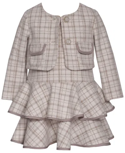 Bonnie Baby Kids' Baby Girls' Plaid Tiered Dress And Cardigan, 2-piece Set In Gray