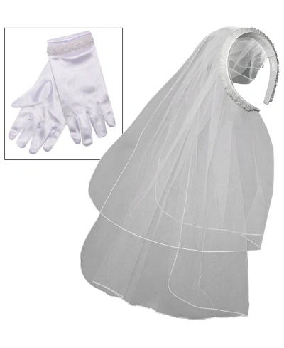 Bonnie Jean Babies' Beaded Headband Double Veil And Gloves In Wht