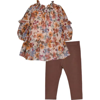 Bonnie Jean Kids' Chiffon Smocked Tunic & Leggings Set In Brown Multi