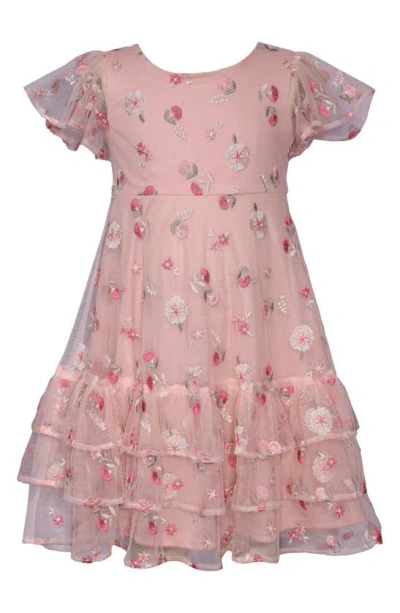 Bonnie Jean Kids' Floral Embroidered Tiered Tulle Dress In Rose