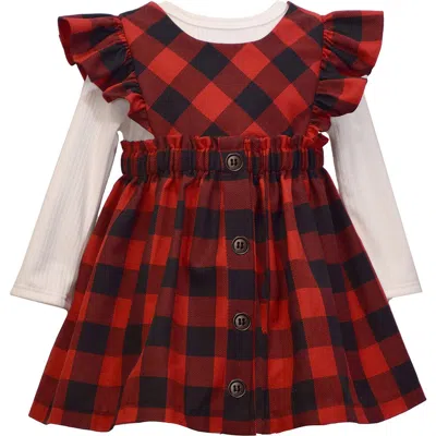 Bonnie Jean Kids' Long Sleeve Rib Top & Check Jumper Dress Set In Red