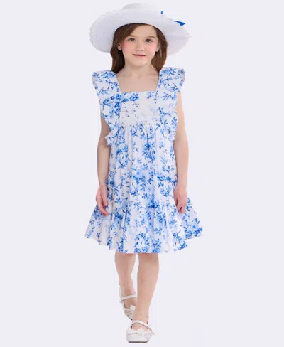 Bonnie Jean Kids' Little Girls 2-piece Toile Pinafore Dress And Matching Hat Set In Blue