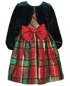 BONNIE JEAN LITTLE GIRLS TAFFETA PLAID DRESS WITH VELVET CARDIGAN, 2-PIECE SET