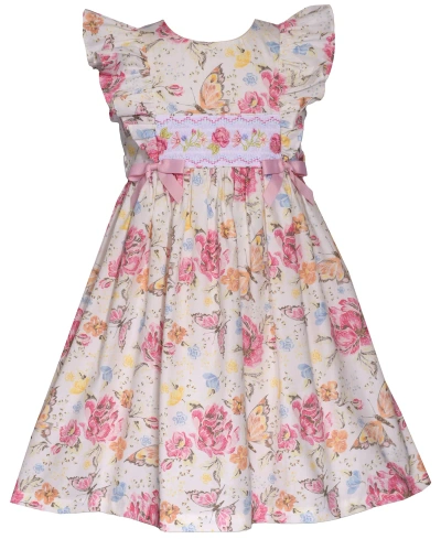 Bonnie Jean Kids' Little Girls Pinafore Flutter Cap Sleeves Rose And Butterfly Print Dress With Smocked Insert And Bow In Multi