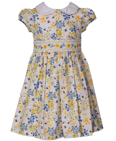 Bonnie Jean Kids' Little Girls Short Sleeved Poplin Dress With Smocked Insert And Peter Pan Collar In Yellow