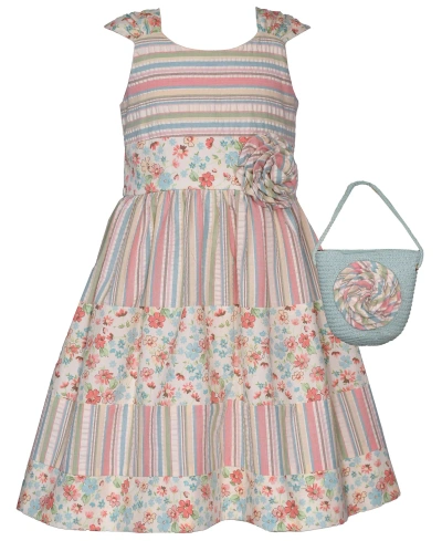 Bonnie Jean Kids' Toddler Girls Sleeveless Seersucker And Cotton Print Dress With Flower At The Waist And Matching Bag In Multi