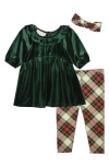 Bonnie Jean Velvet Dress, Plaid Leggings & Headband Set In Green