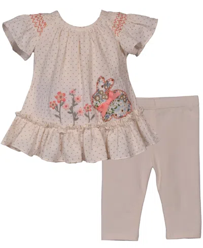 Bonnie Baby Baby Girls 2-piece Smocked Bunny Top And Floral Applique Legging In Ivory