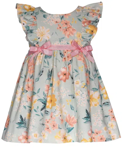 Bonnie Baby Baby Girls Floral Dress With Pinafore Ruffles And Ribbon Trim In Aqua