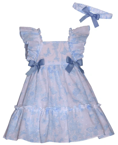 Bonnie Baby Baby Girls Flutter Sleeved Toile Clip Dot With Bows And Matching Headband In Blue