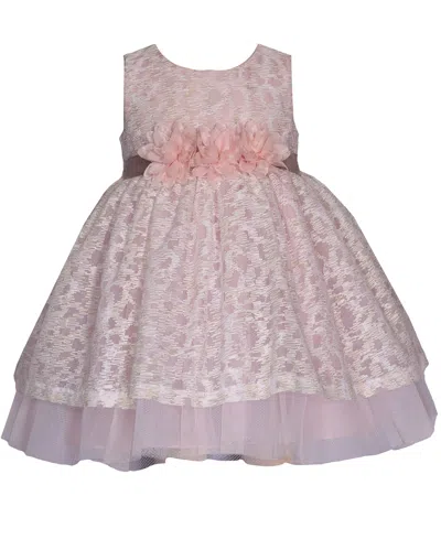 Bonnie Baby Baby Girls Lace Overlay Dress With Illusion Neckline And Ribbon Waistline In Ivory