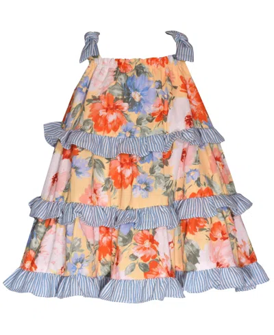 Bonnie Baby Baby Girls Mixed Print Bow Shoulder Dress With Ruffled Tiers In Yellow