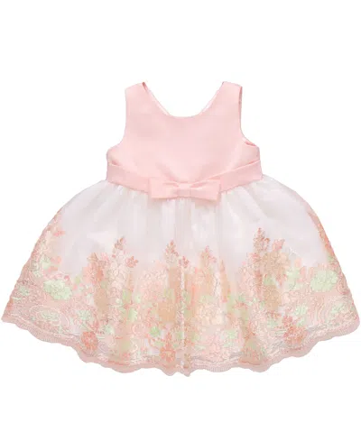 Bonnie Baby Baby Girls Scalloped Embroidery Satin Party Dress In Peach