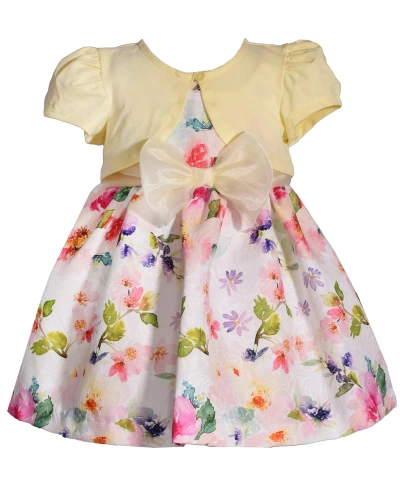 Bonnie Baby Baby Girls Short Sleeved Cardigan Over Watercolor Jacquard Floral Dress In Yellow
