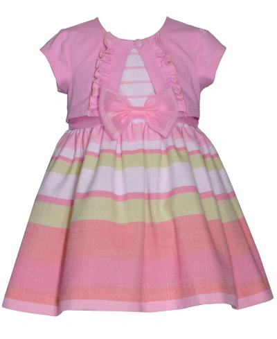 Bonnie Baby Baby Girls Short Sleeved Knit Cardigan And Striped Dress With Bow In Pink