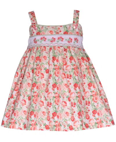 Bonnie Baby Baby Girls Sleeveless Floral Sundress With Smocked Insert In Coral