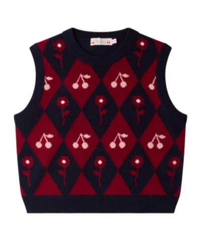 Bonpoint Argyle Cherry-intarsia Sweater Vest In Blue