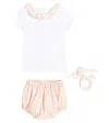 Bonpoint Baby Cotton Top, Bloomers And Rattle Set In Pink