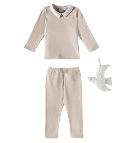 Bonpoint Baby Denice Cotton Top, Pants, And Stuffed Animal Set In Beige
