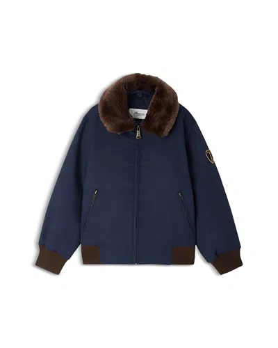 Bonpoint Kids' Faux-fur Collar Cotton-blend Jacket In Dark Blue