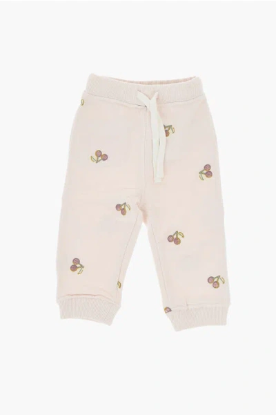 Bonpoint Brushed Cotton Joggers With Cherry Embroideries In Pink