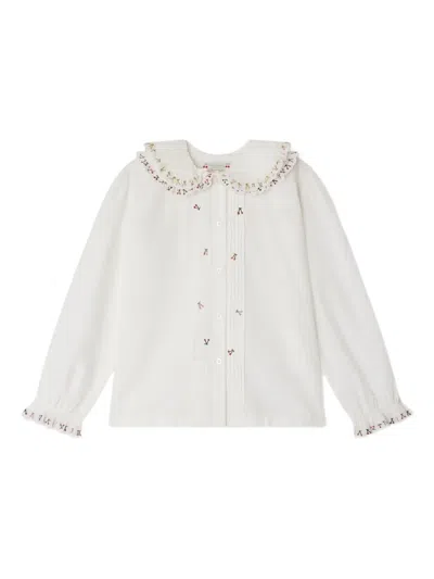 Bonpoint Kids' Janeke Organic Cotton Pleated Blouse With Embroidered Collar In White