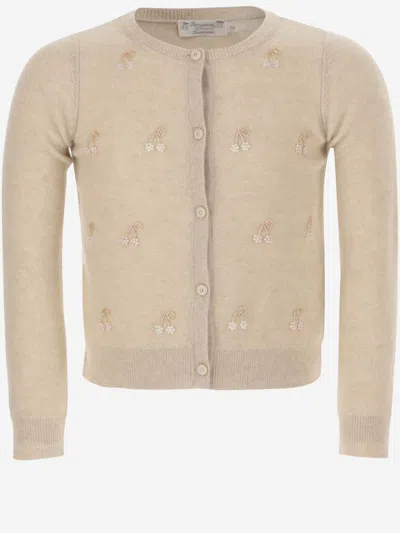 Bonpoint Kids' Cashmere Cardigan With Embroidered Cherry In Beige