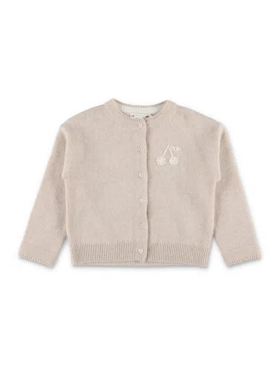 Bonpoint Cashmere Crewneck Cardigan With Tonal Cherry Hand-embroidered Motif In Beige