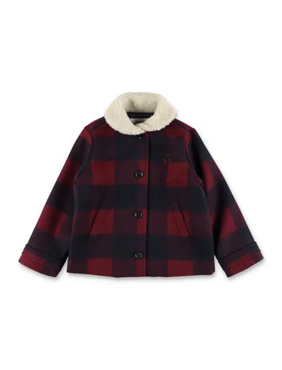 Bonpoint Check Mini Jacket With Sherpa Scarf Collar & Embroidered Cherry In Burgundy Tiles
