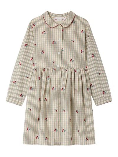Bonpoint Kids' Checked Cherry-embroidered Casual Dress In Gray