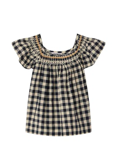 Bonpoint Checkered Mini Dress With Ruffled Sleeves In Grey