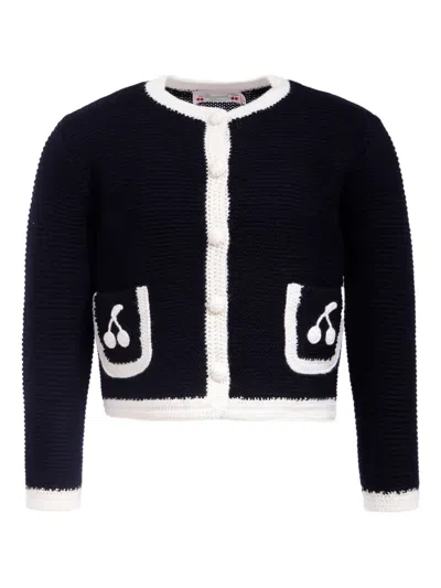 Bonpoint Kids' Cherry-appliqué Wool Cardigan In Black