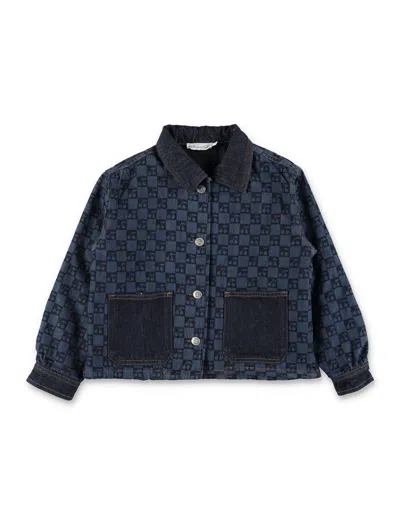 Bonpoint Cherry Checkerboard Mini Quilted Jacket With Peter Pan Collar In Denim Prints