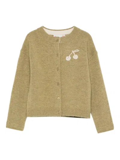 Bonpoint Kids' Cherry-embellished Cardigan In Green