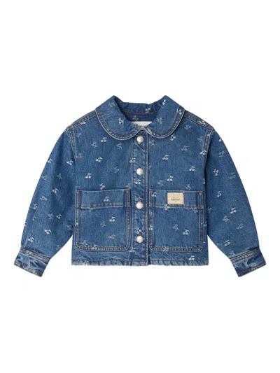 Bonpoint Kids' Cherry-embellished Denim Jacket In Blue