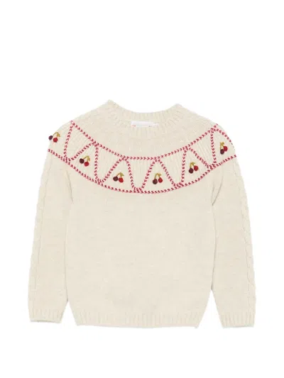 Bonpoint Cherry-embroidered Cable-knit Sweater In Neutral