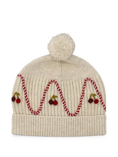 Bonpoint Kids' Cherry-embroidered Pompom Beanie Hat In Neutrals