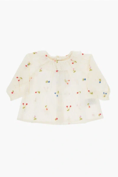 Bonpoint Cotton Dolci Blouse With Flowers And Cherrys Embroidery In White