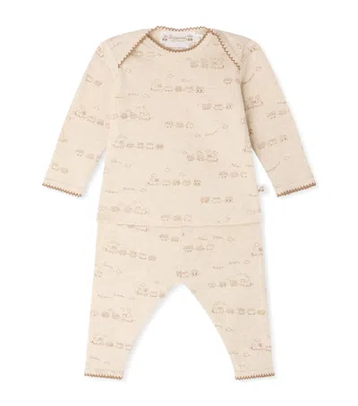Bonpoint Cotton Train Print Pyjama Set In Beige