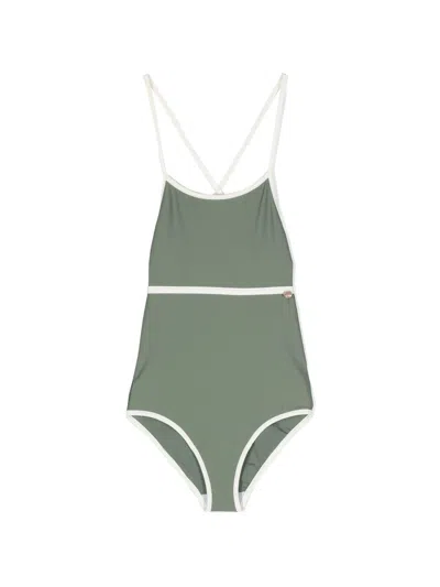 Bonpoint Kids' Crossover-straps Swimsuit In Green